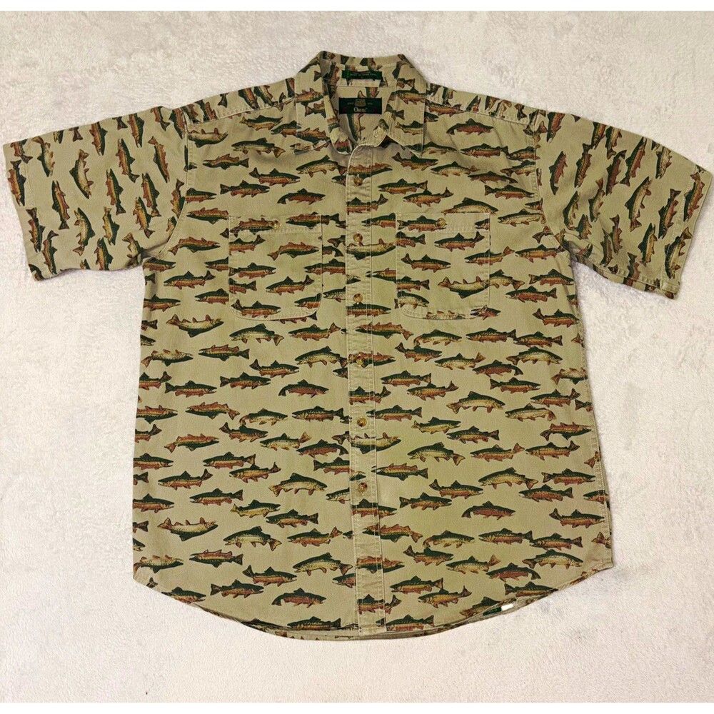 Orvis Mens L Classic Fit Fish Print Short Sleeve Button-Up Cotton Shirt Pockets